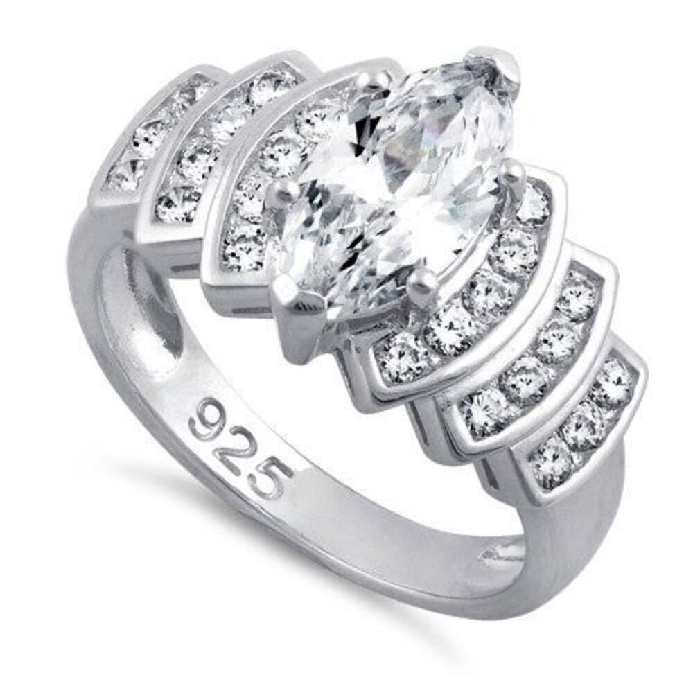 New Sterling Silver Marquise Engagement Clear CZ Ring